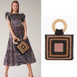 Wicker Straw Wood Ring Beaded Square Tote Bag Purse Urban Expressions